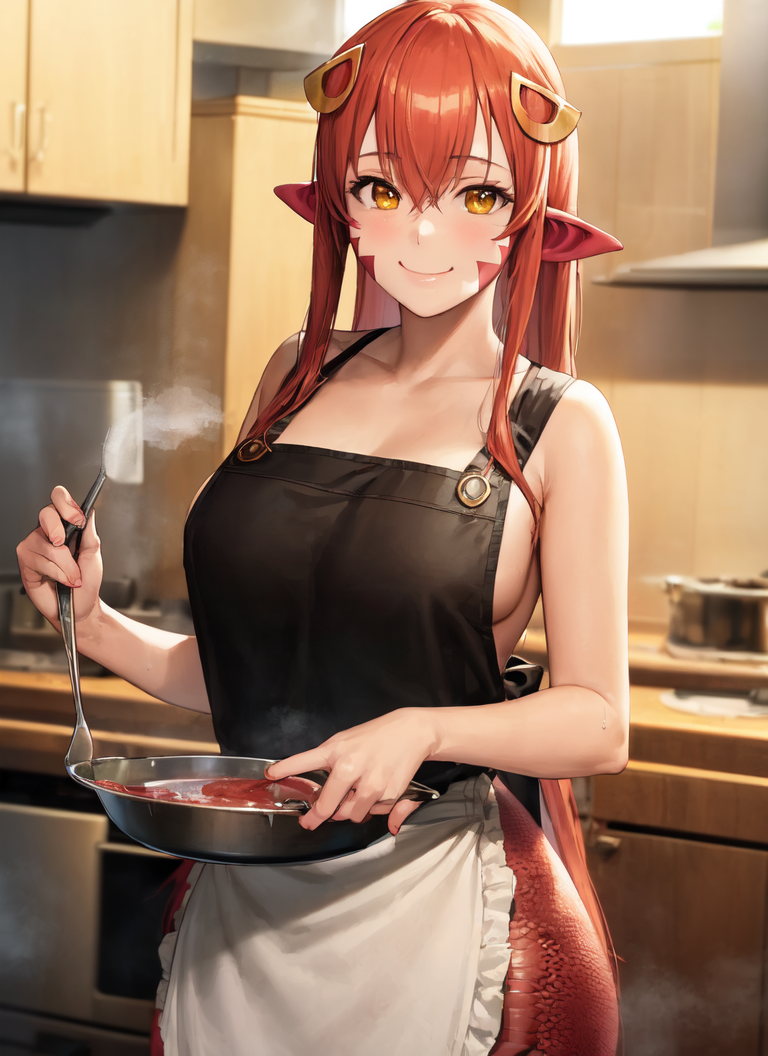 15355-4260087432-masterpiece, best quality, 1girl, solo, miia, facial mark, smile, apron, cooking, holding pan, steam, kitchen, oven, indoors.png